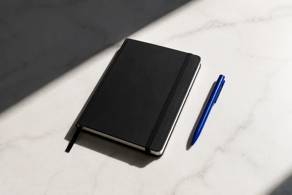Cuaderno y bolígrafo cobalto sobre una mesa de mármol, antes de empezar una mesa de socios